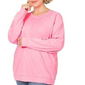 Zenana Plus Size Sweatshirt Top Light Weight Cotton Stitch Detail Pink 1X
